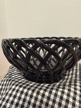 Black Oval Woven Latticed Ceramic Fruit Bread Basket Bowl 9  in long Open Weave